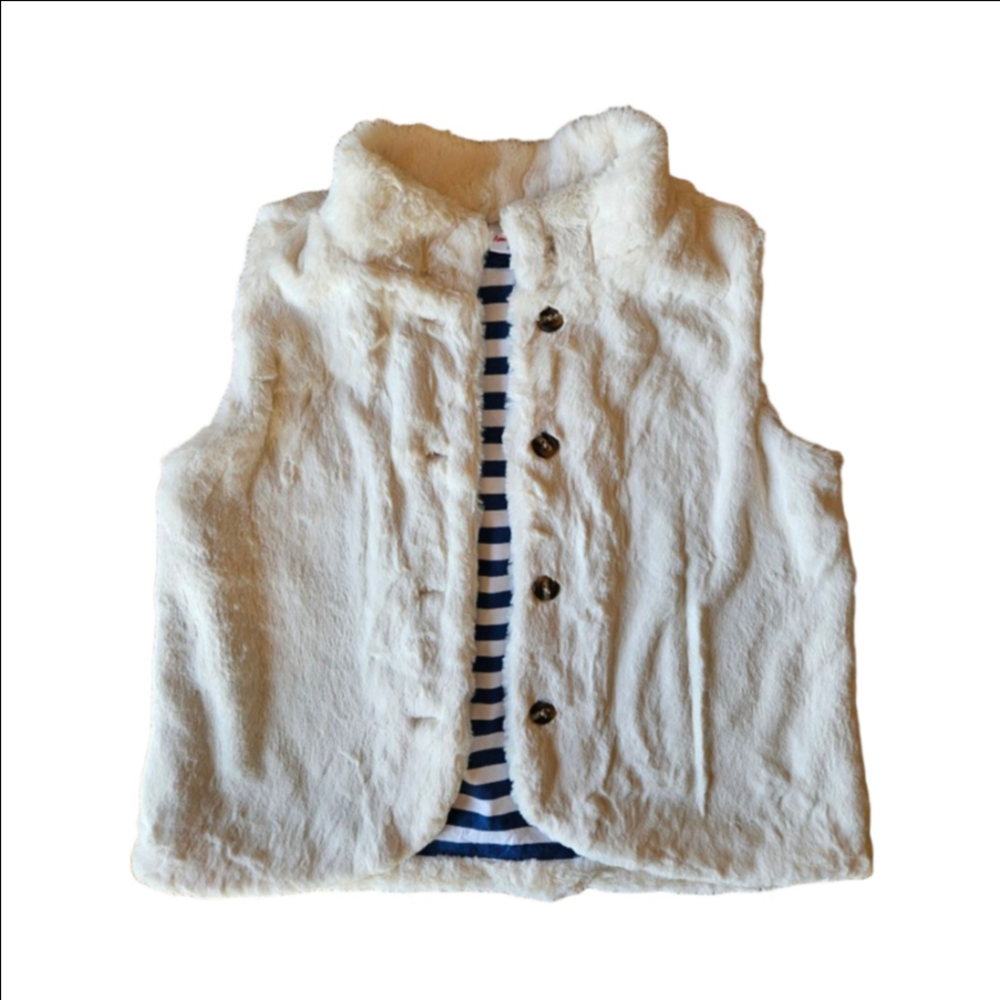 Hanna Andersson Faux Fur Cream Vest with White/Navy Stripe Size 160cm Size 14-16